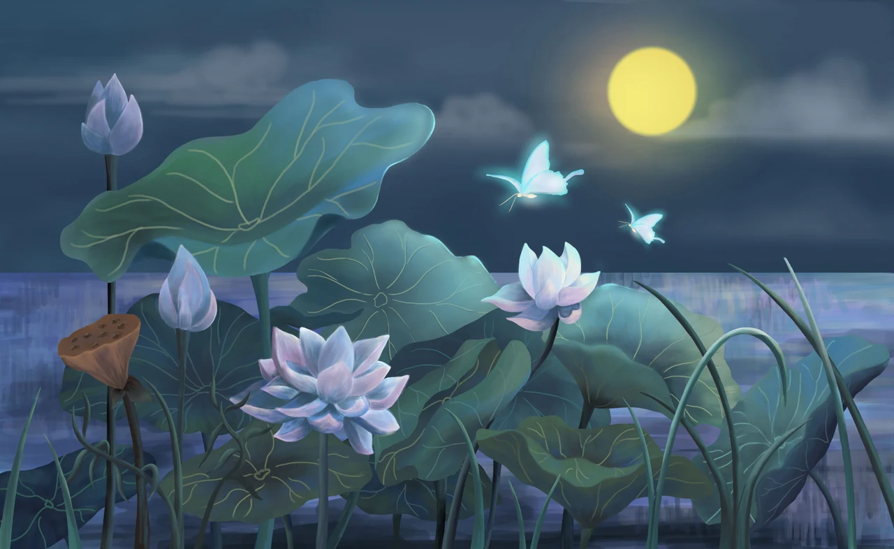 Moonlit water and flowers environment
