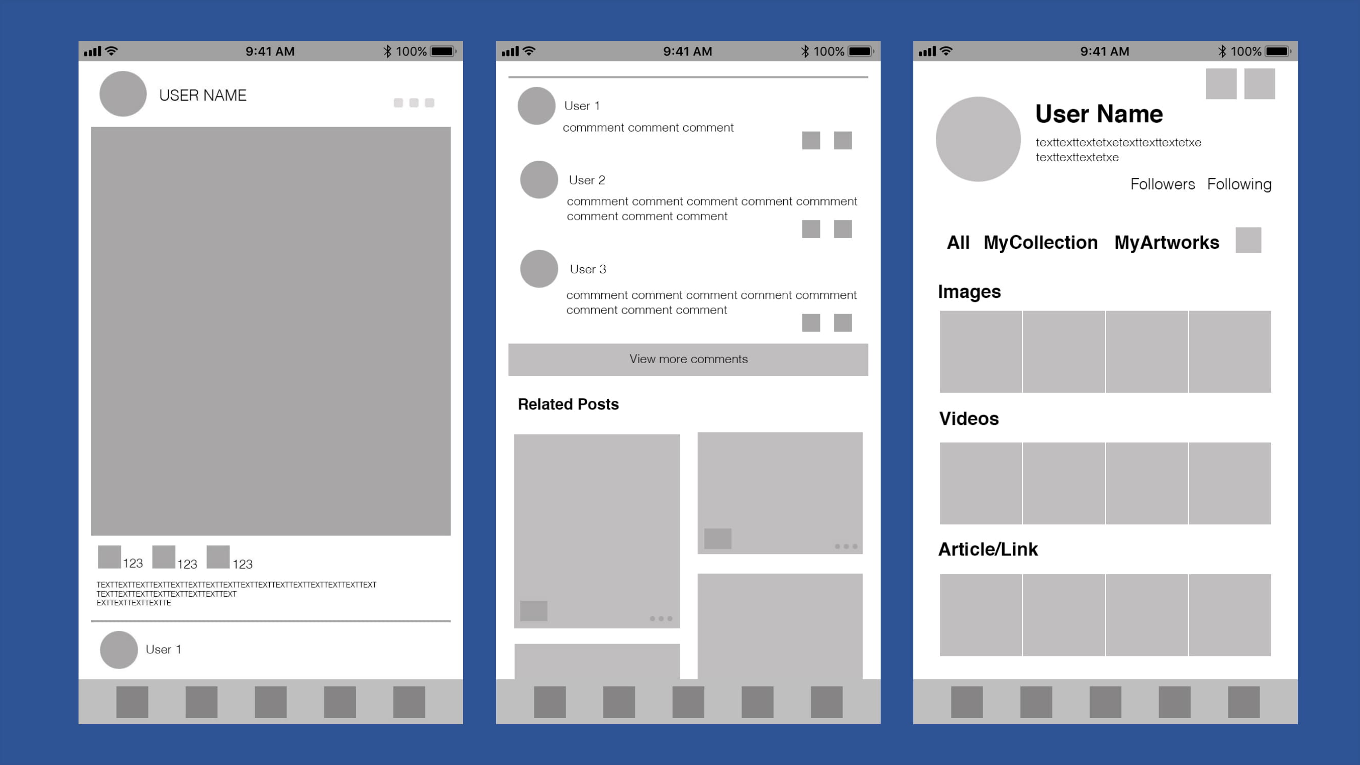 ArtCenter wireframes for artwork posts, comments, and creator collections