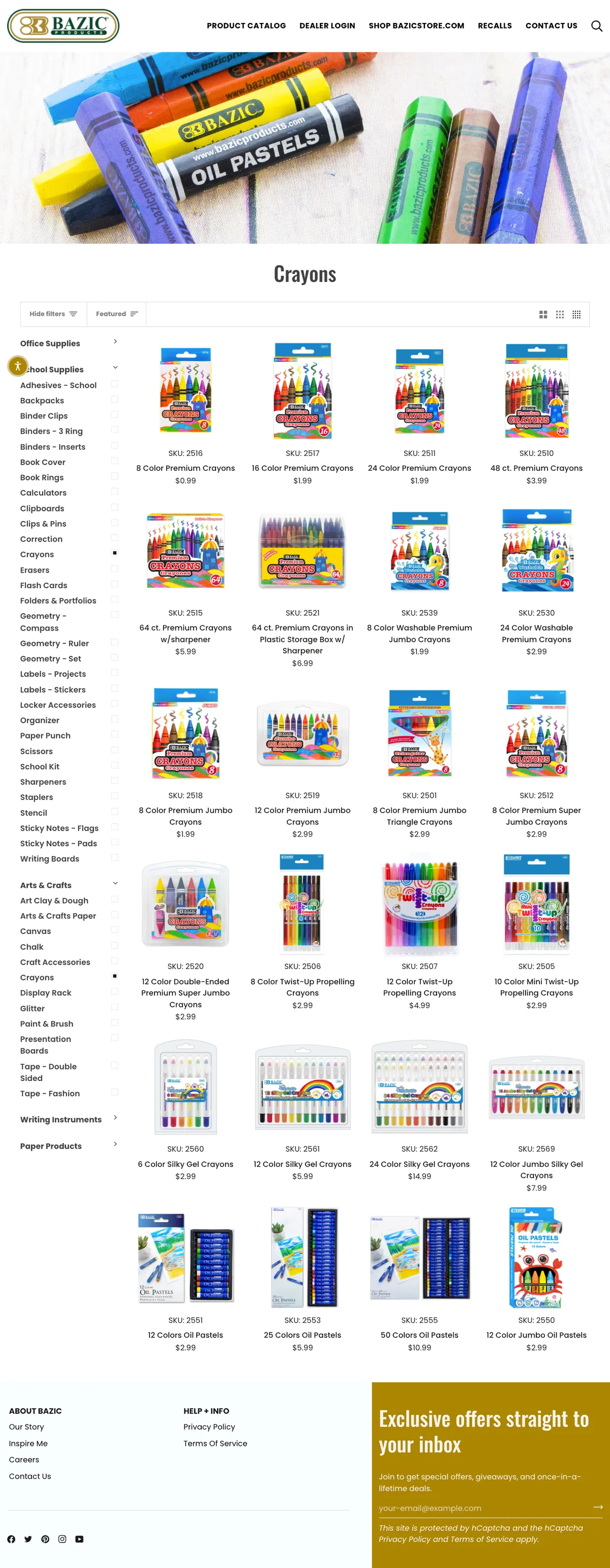 Live BAZIC product catalog showing the crayons collection journey