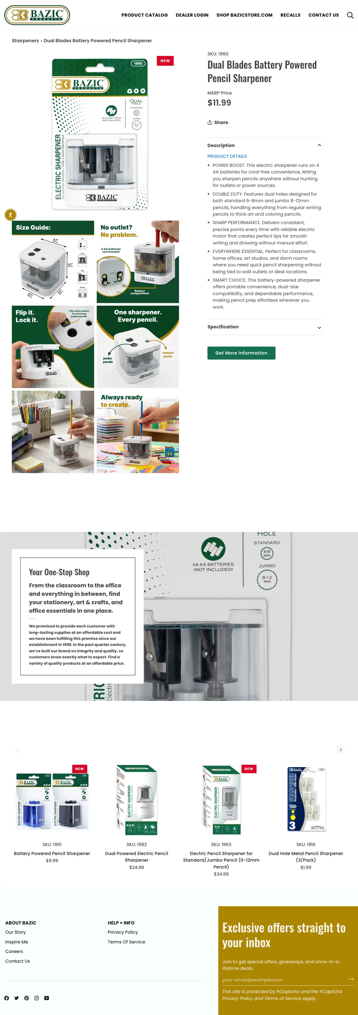 Live BAZIC product detail page for a dual-blades battery-powered pencil sharpener