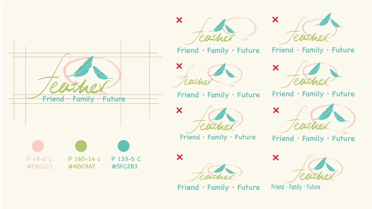 Feather full wordmark construction grid, colour specifications, and incorrect logo treatments