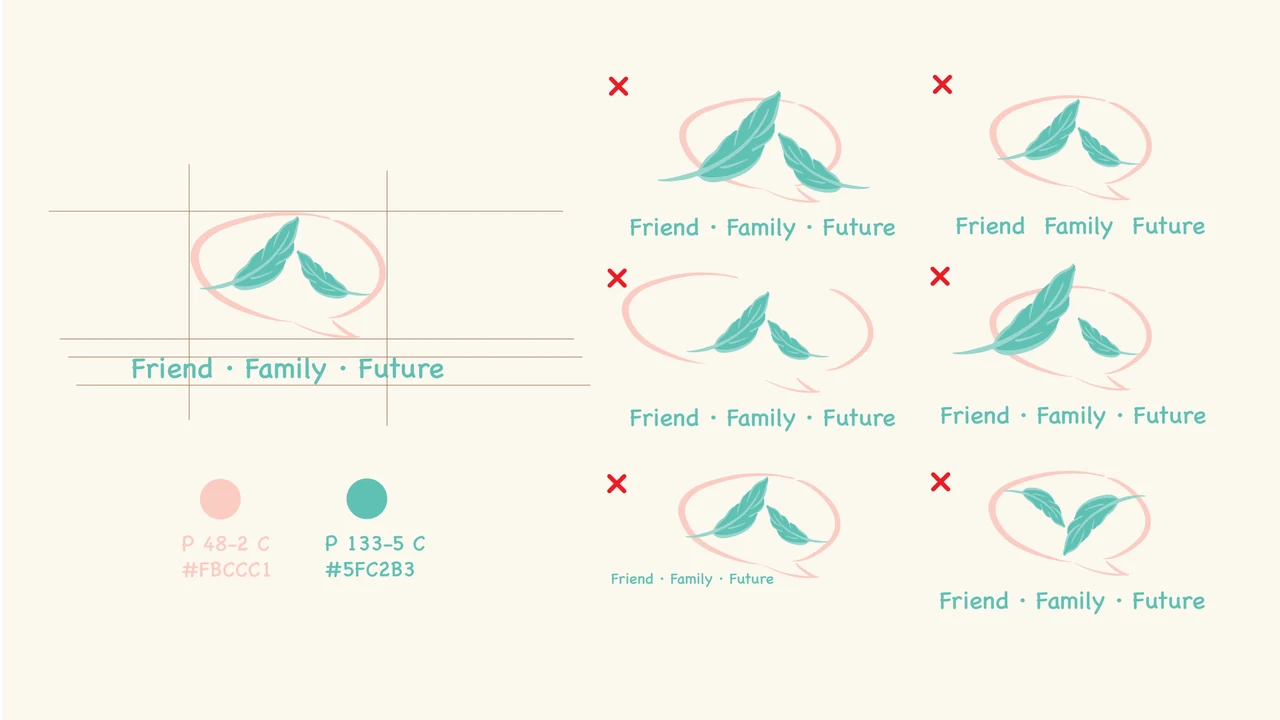 Feather simplified symbol construction grid and incorrect symbol and tagline arrangements