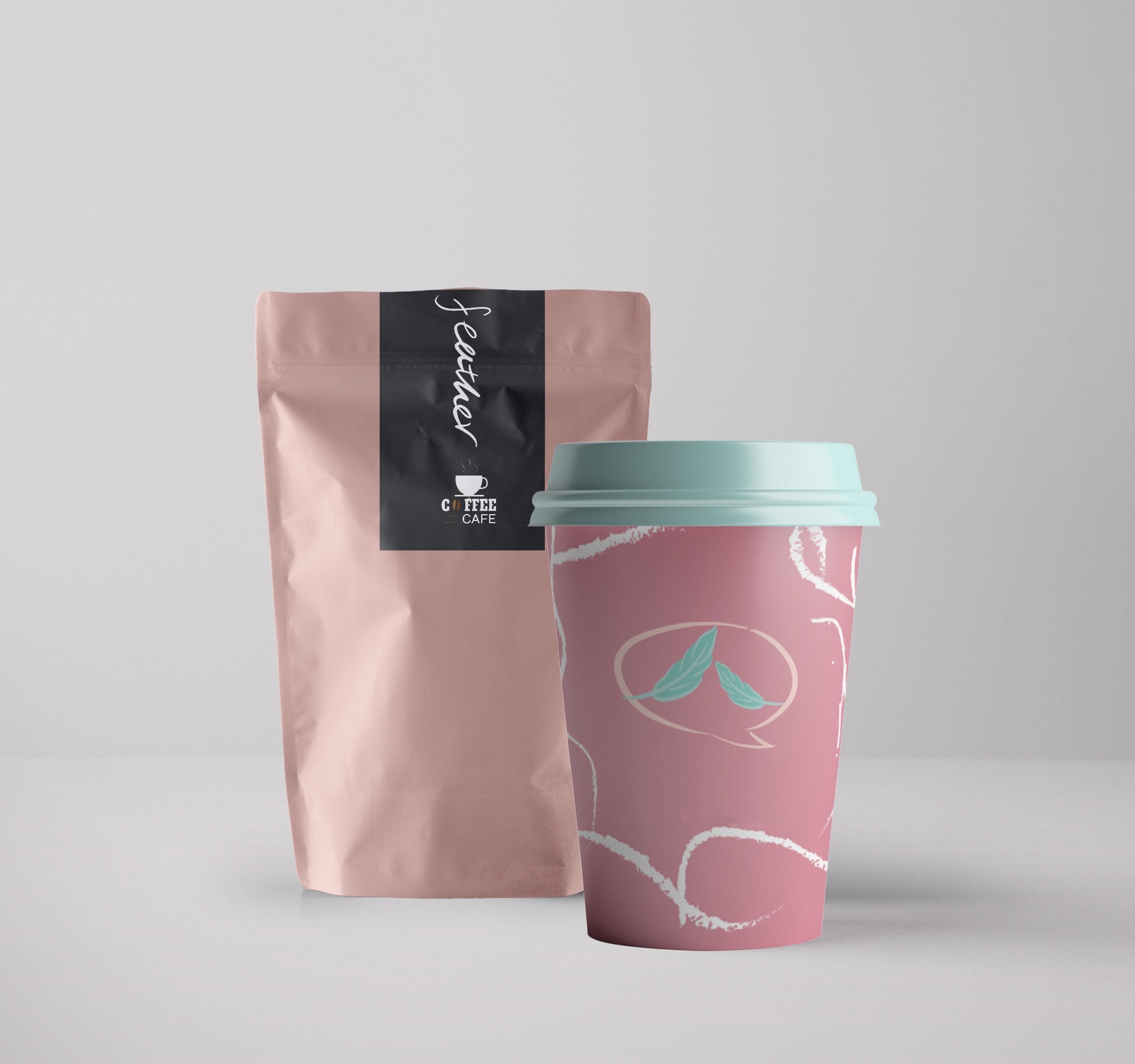 Feather pink packaging pouch and takeaway cup mockup