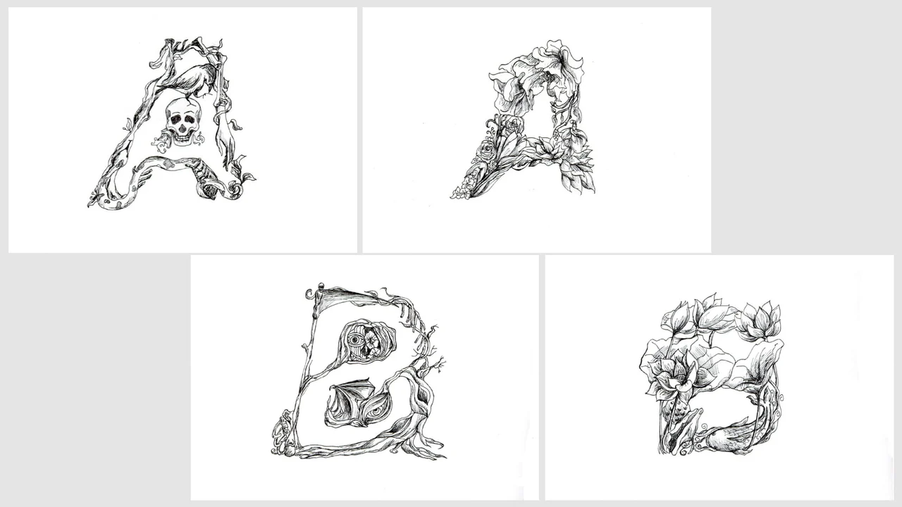 Hand-drawn variations of the illustrated letters A and B