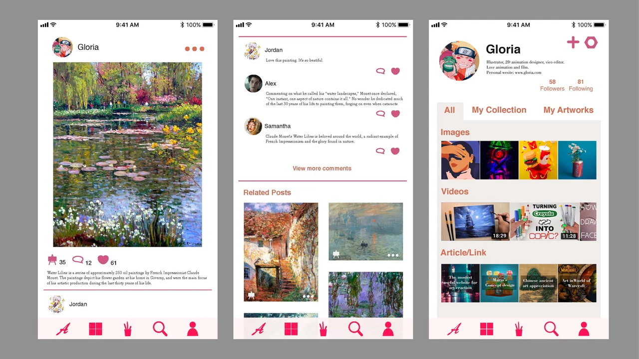 ArtCenter community mobile app interfaces